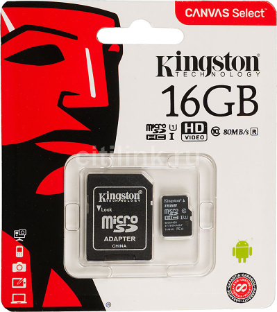 Карта памяти microSDHC UHS-I U1 KINGSTON 16 ГБ, 80 МБ/с, Class 10, SDCS/16GB, 1 шт., переходник SD